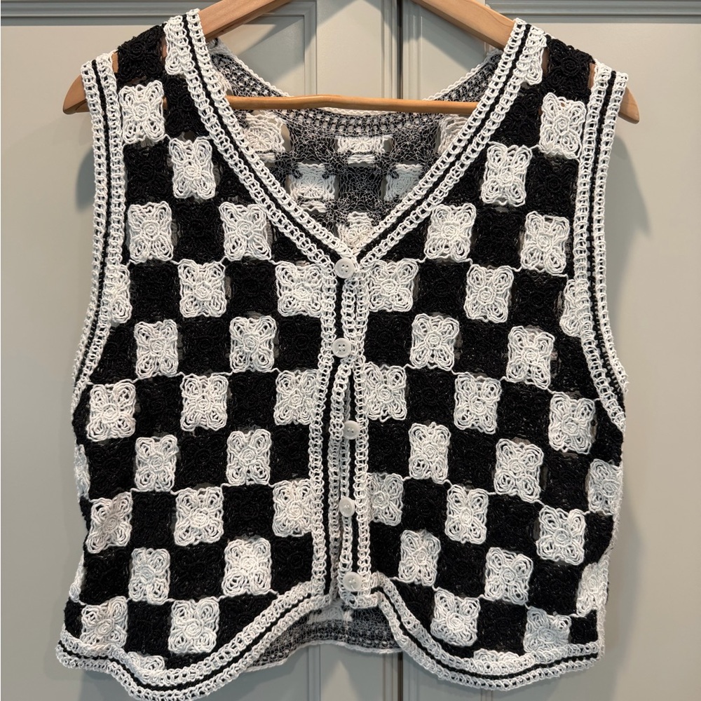 Black & White Crochet Checkerboard Vest
